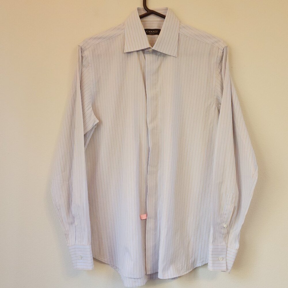 Canali Dress Shirt Men Sz L Blue Striped Long Sleeve Button Up Italy Cotton Lux